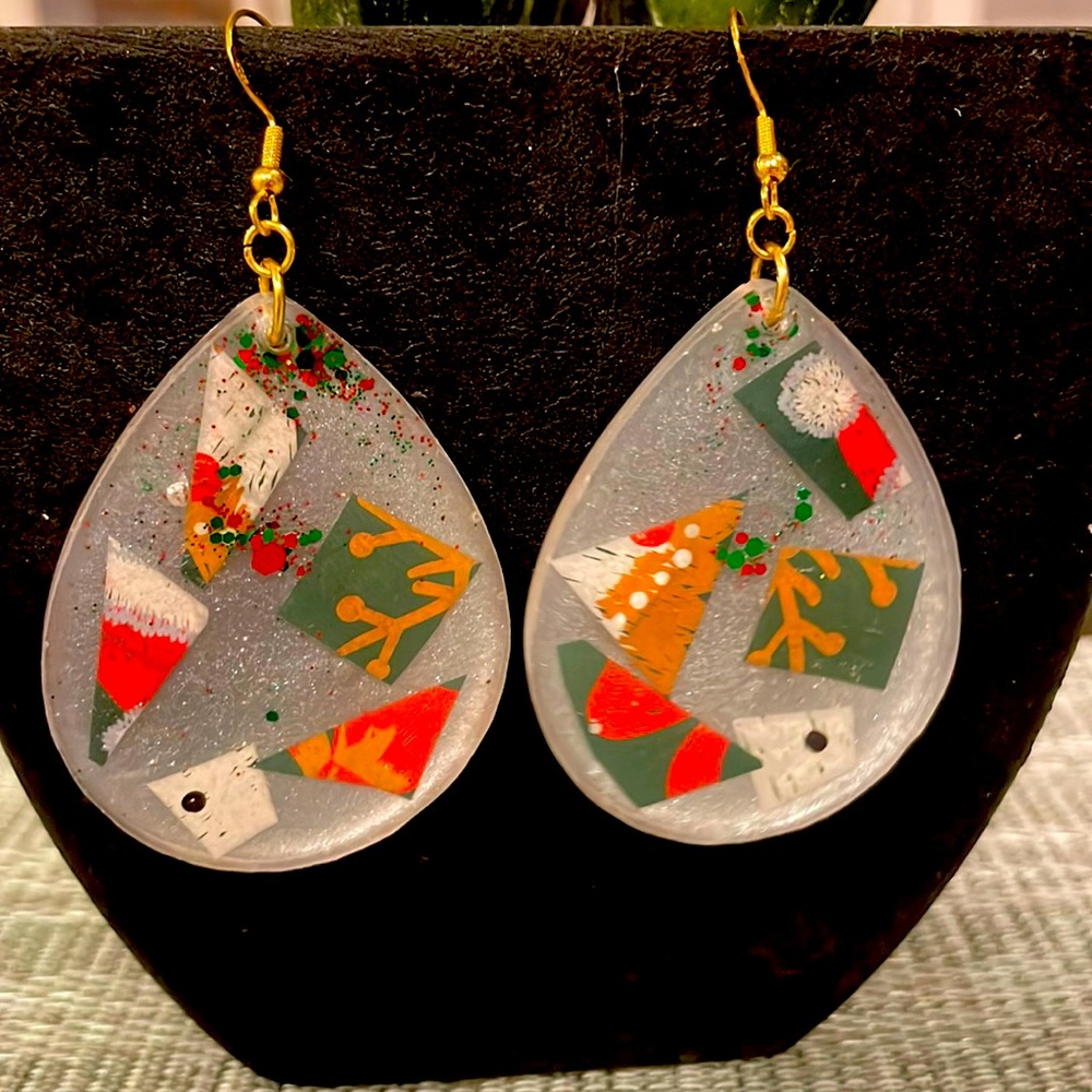 XMAS Handmade Festive Large Holiday Earrings White Teardrop